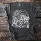 Wolf sleeping under plaid blanket in attic with moon and lantern.