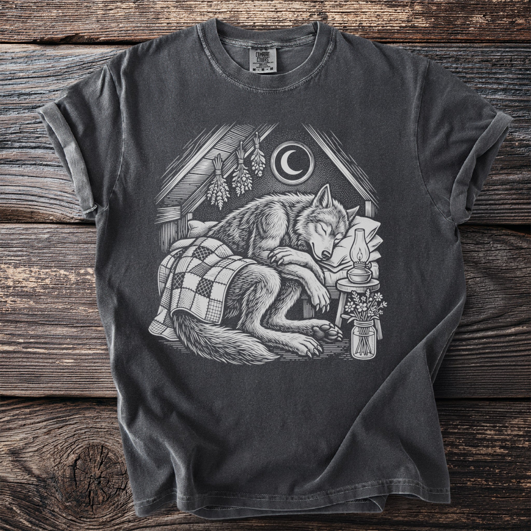 Wolf sleeping under plaid blanket in attic with moon and lantern.