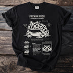 Black t-shirt with Pacman Frog diagram detailing anatomy and biology.