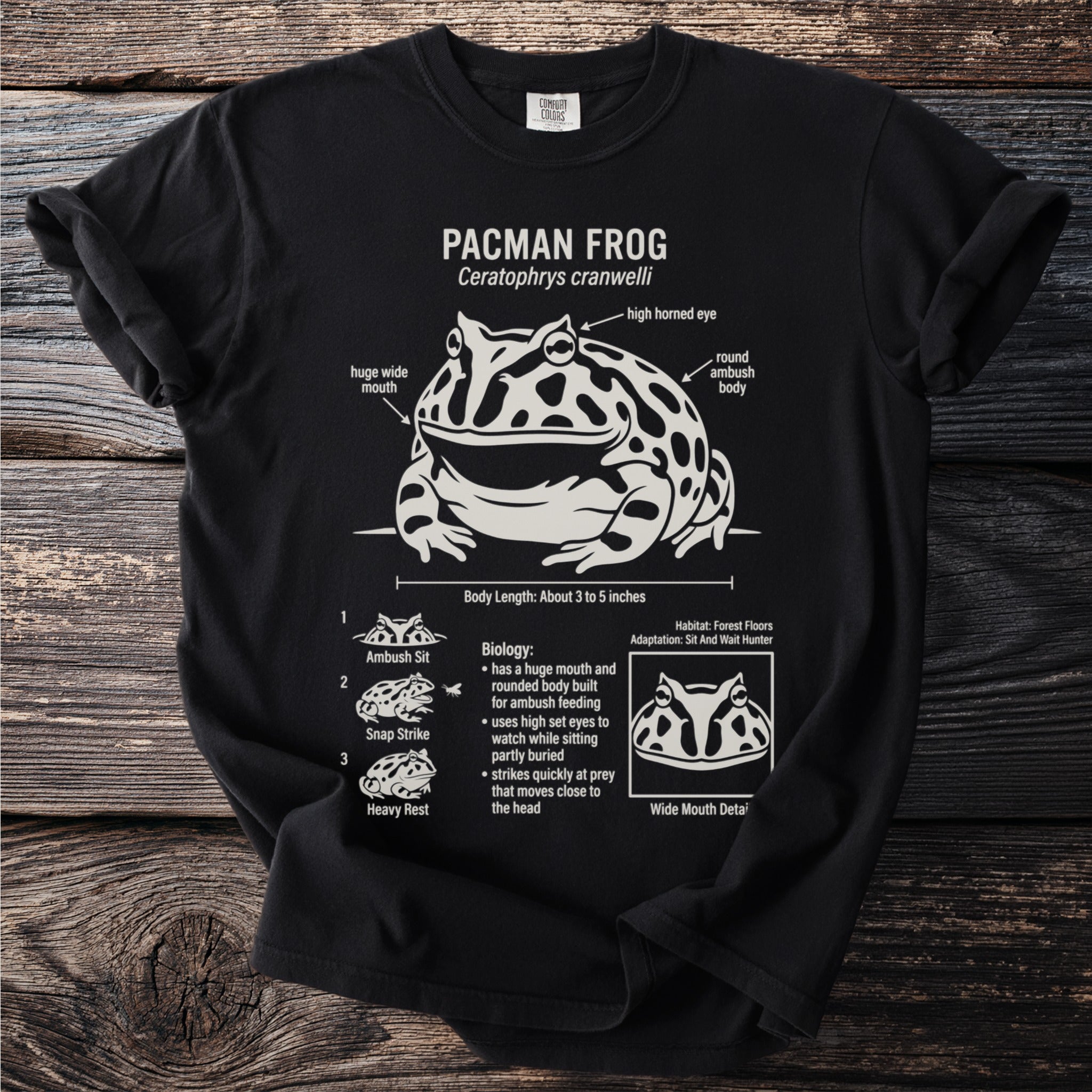 Black t-shirt with Pacman Frog diagram detailing anatomy and biology.