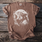 Brown t-shirt with white wolf howling at the moon graphic.