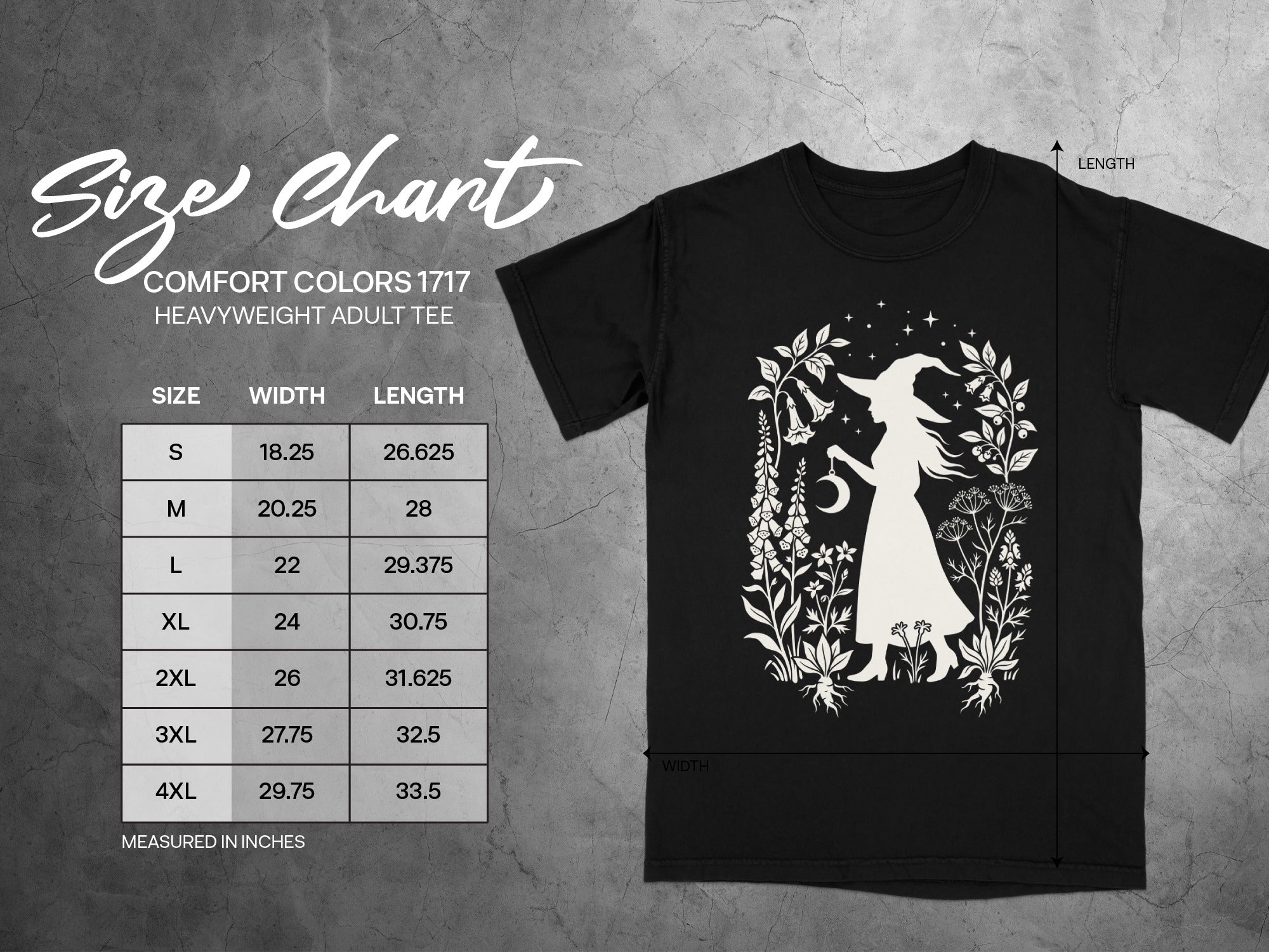 Size chart for black Comfort Colors 1717 heavyweight adult tee.