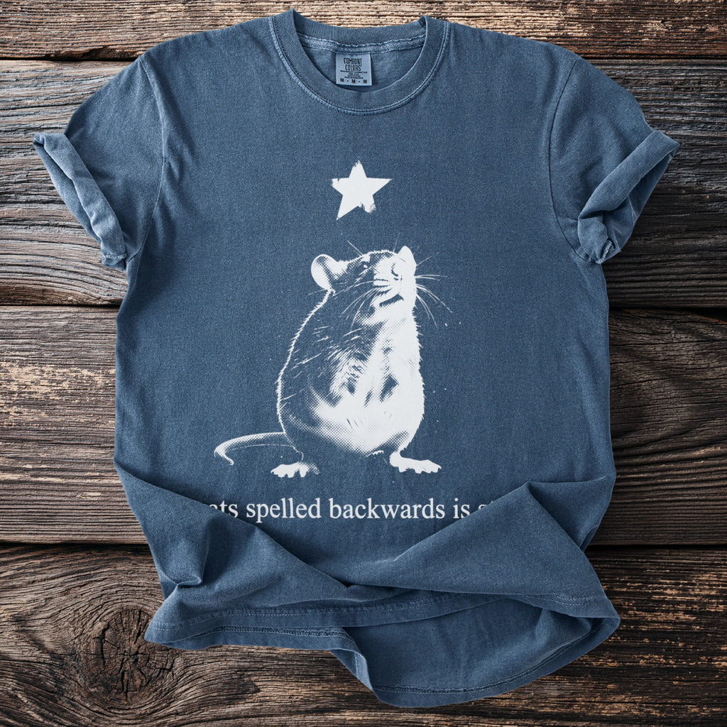 Blue t-shirt with a stylized rat and a star, "ets spelled backwards is".