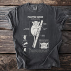 Philippine Tarsier illustration with biology facts, body length, and adaptations.