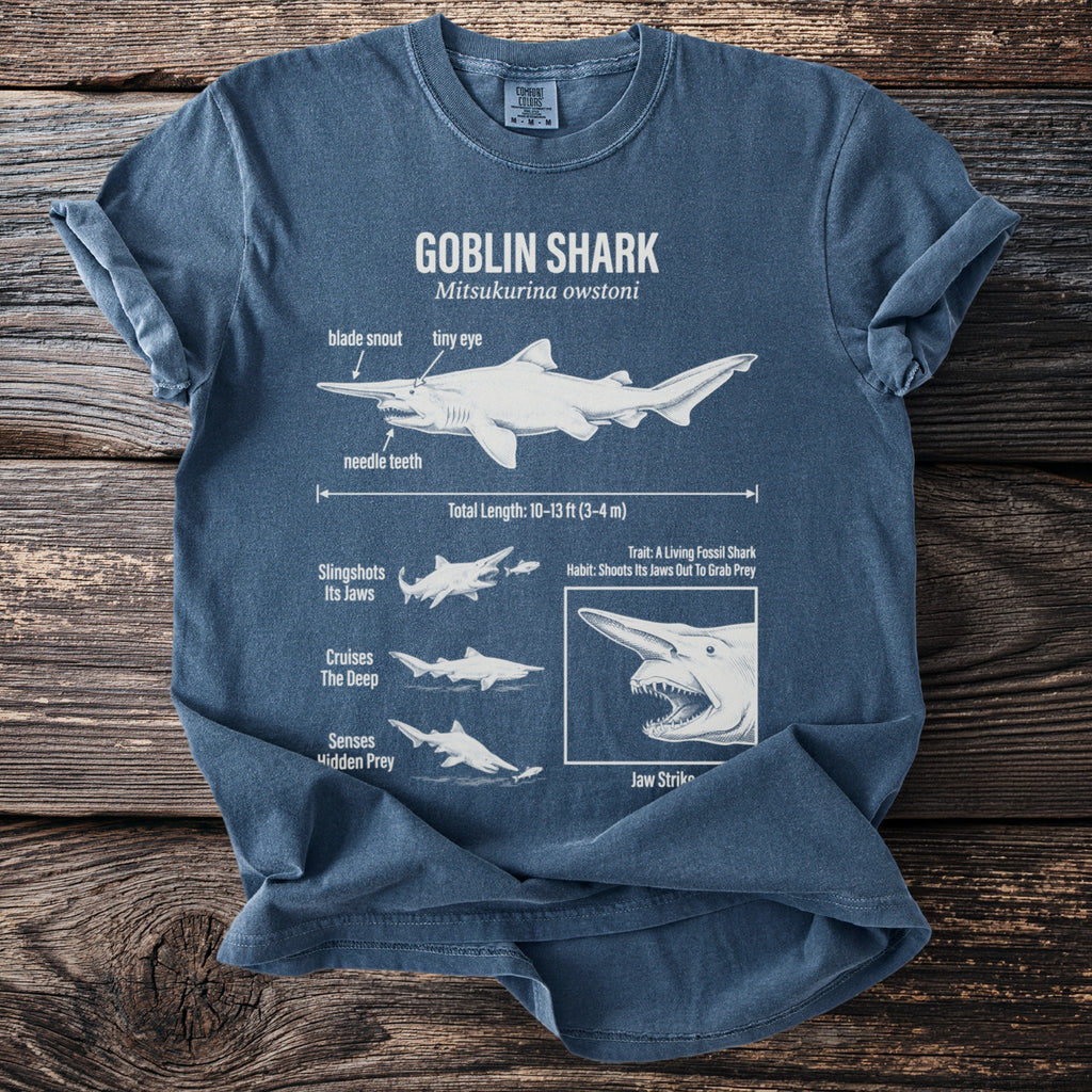 Goblin shark illustration with labeled anatomy, size, and hunting habits.