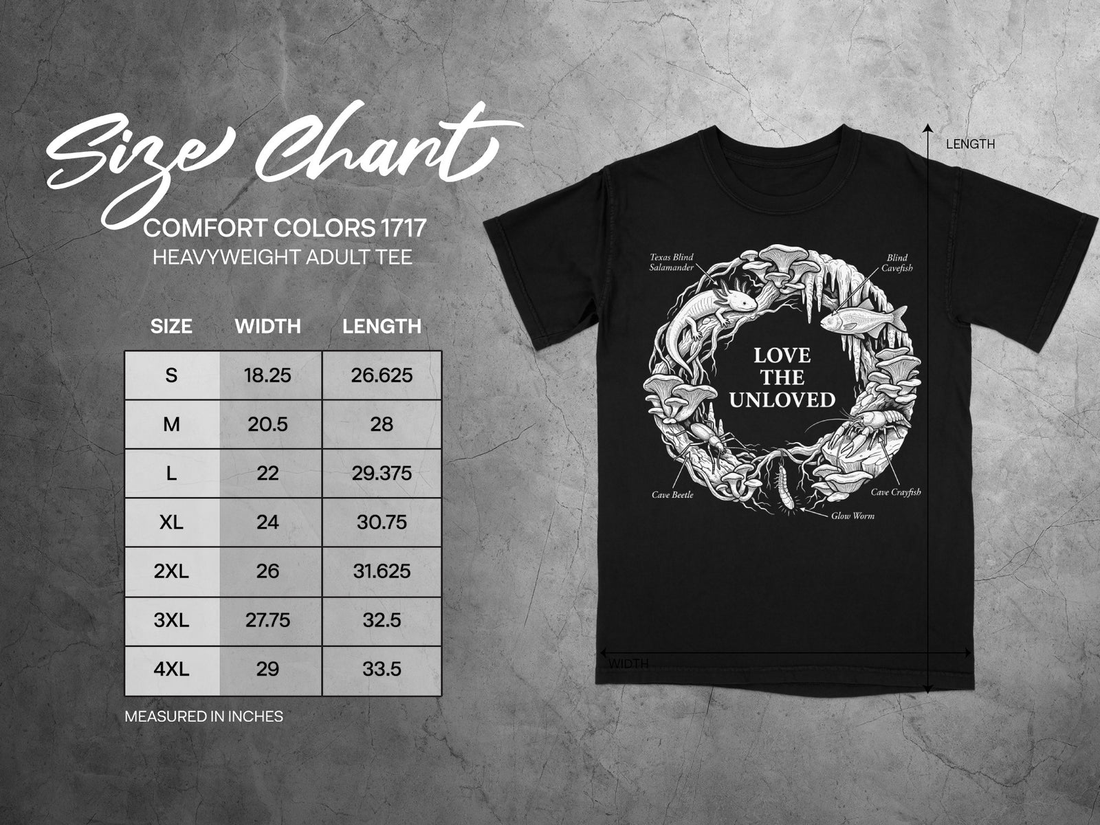 Comfort Colors 1717 garment size chart in inches.
