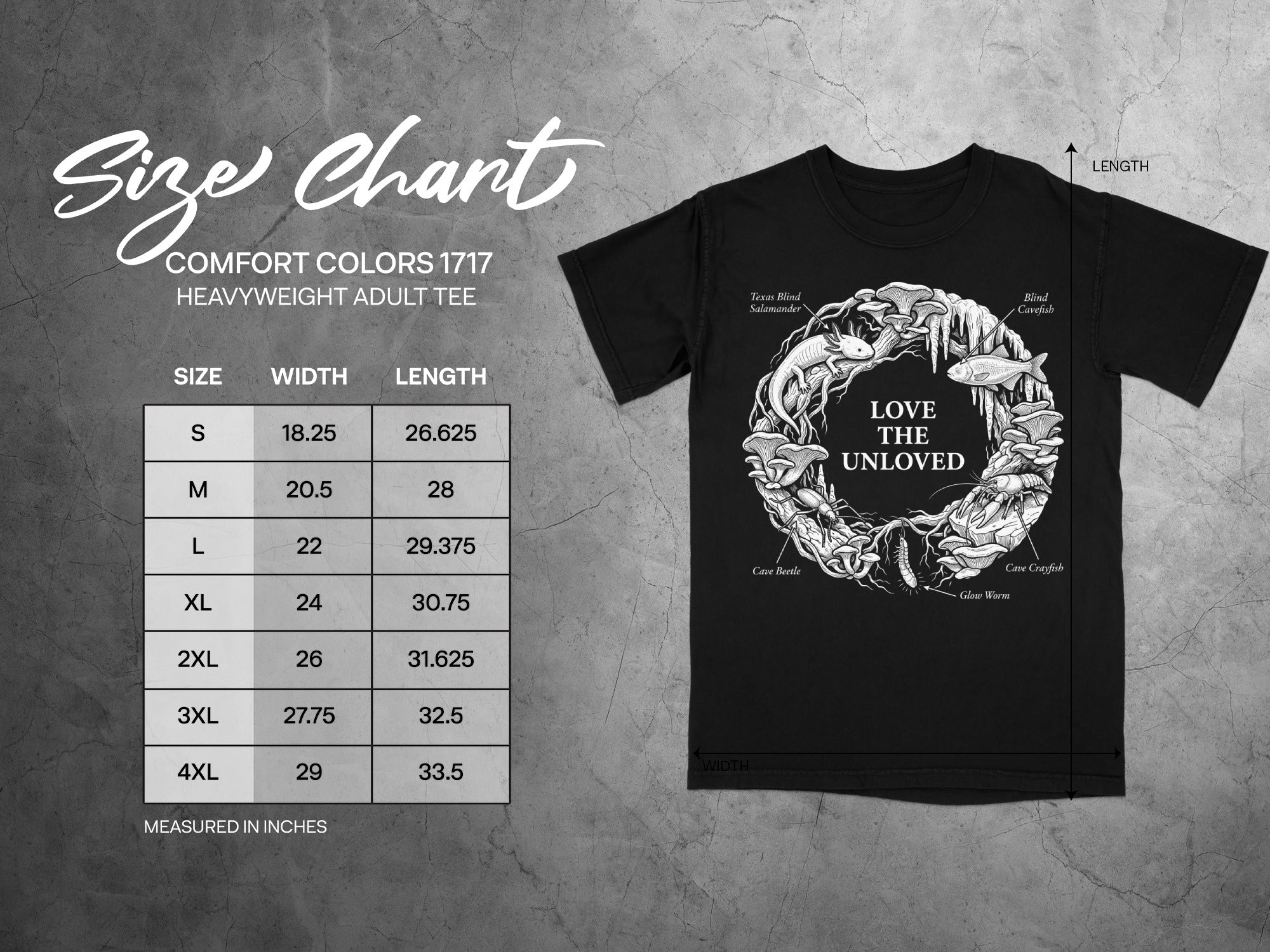 Comfort Colors 1717 garment size chart in inches.