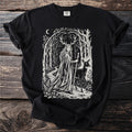 Black t-shirt with forest scene: woman with antlers, deer, and trees.