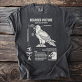 Bearded Vulture science illustration on a charcoal t-shirt with detailed biological facts.