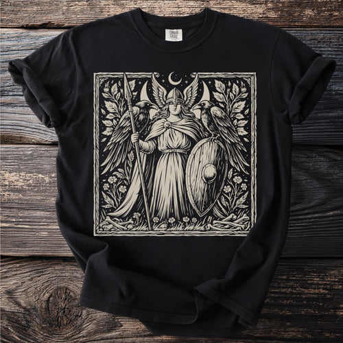 Black t-shirt featuring a winged warrior with a spear and shield, flanked by ravens.