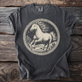 Dark gray t-shirt with a light-colored circular design of a running horse.