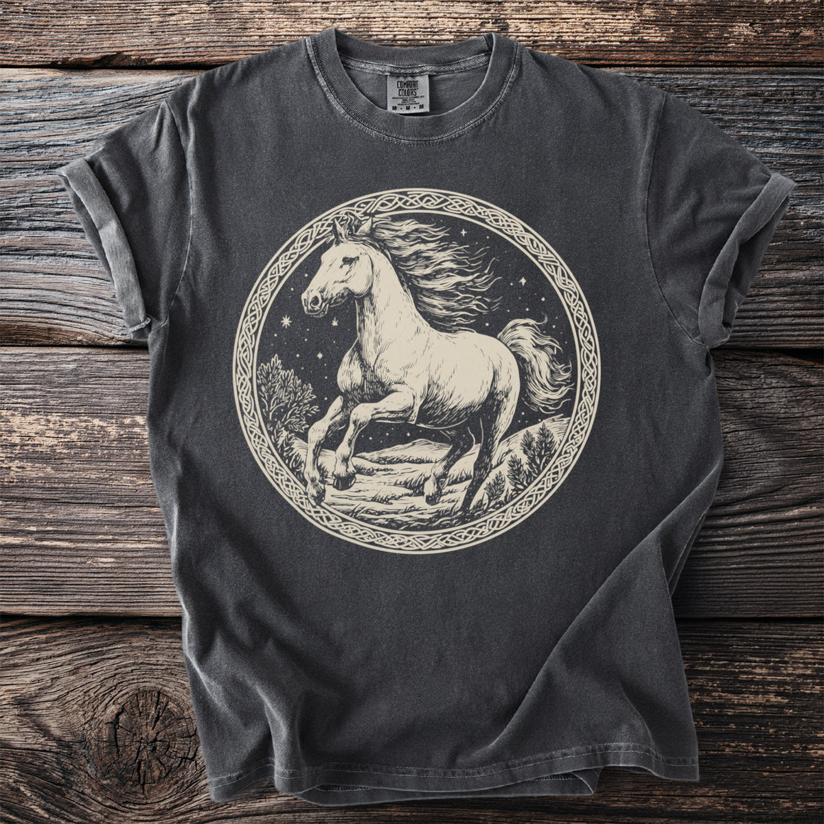 Dark gray t-shirt with a light-colored circular design of a running horse.