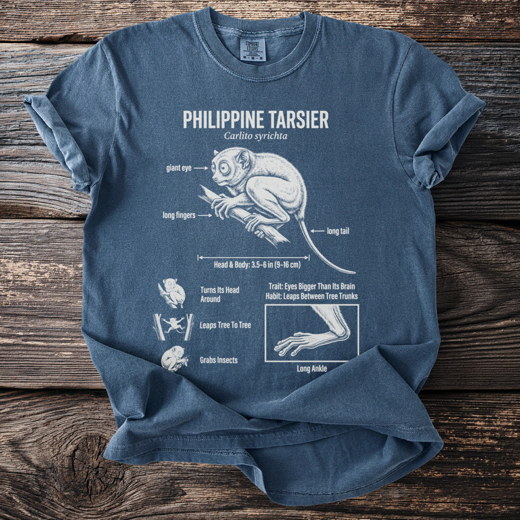 Philippine Tarsier t-shirt with illustration and anatomical labels.