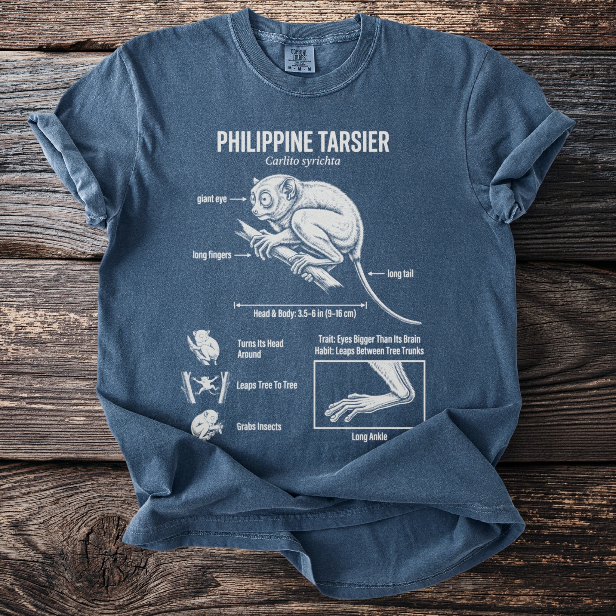Philippine Tarsier t-shirt with illustration and anatomical labels.