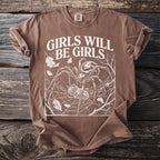 Brown t-shirt with "Girls Will Be Girls" text and spider graphic.