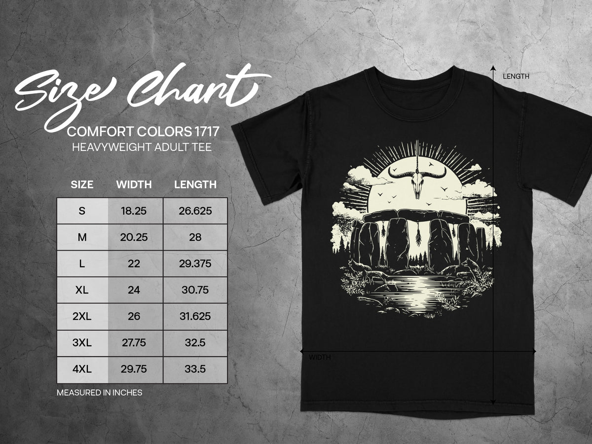 Comfort Colors 1717 heavyweight adult tee size chart with width and length measurements in inches.