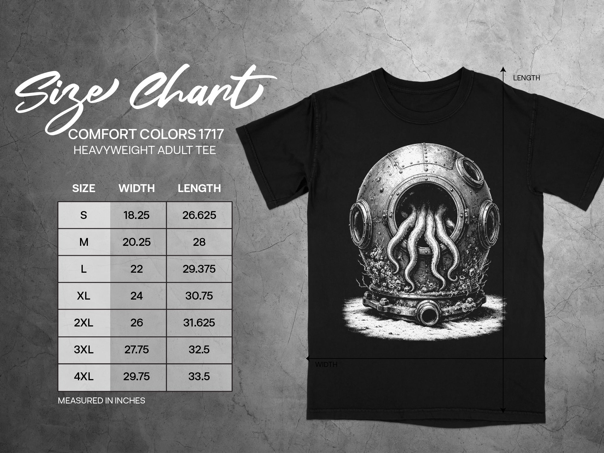 Size chart for Comfort Colors 1717 heavyweight adult tee with width and length measurements.