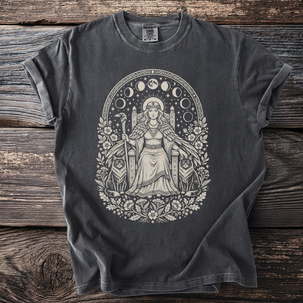 Dark gray t-shirt with a cream graphic of a queen sitting on a throne with cats and a raven.