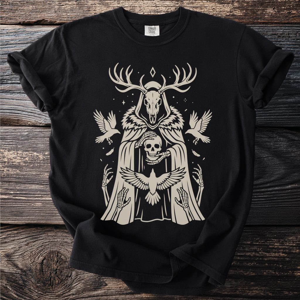 Black t-shirt with skeletal deer, skull, and birds graphic design.