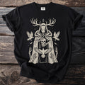 Black t-shirt with skeletal deer, skull, and birds graphic design.