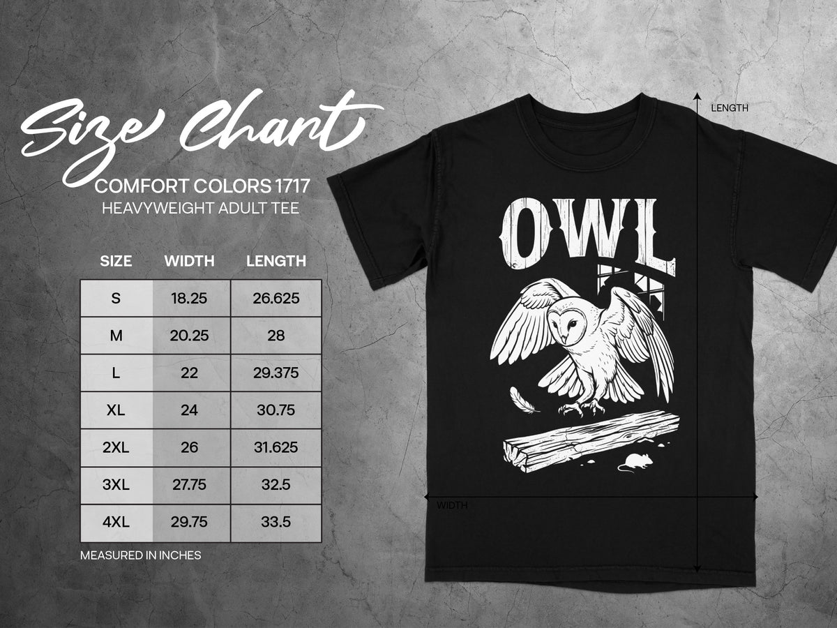 Comfort Colors 1717 heavyweight adult tee size chart with owl graphic.