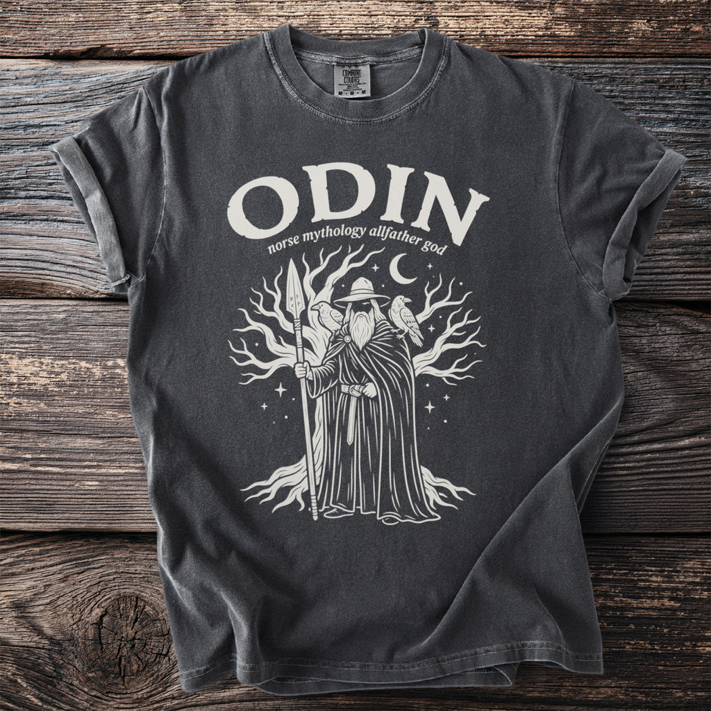 Odin Norse mythology allfather god illustration on charcoal grey t-shirt