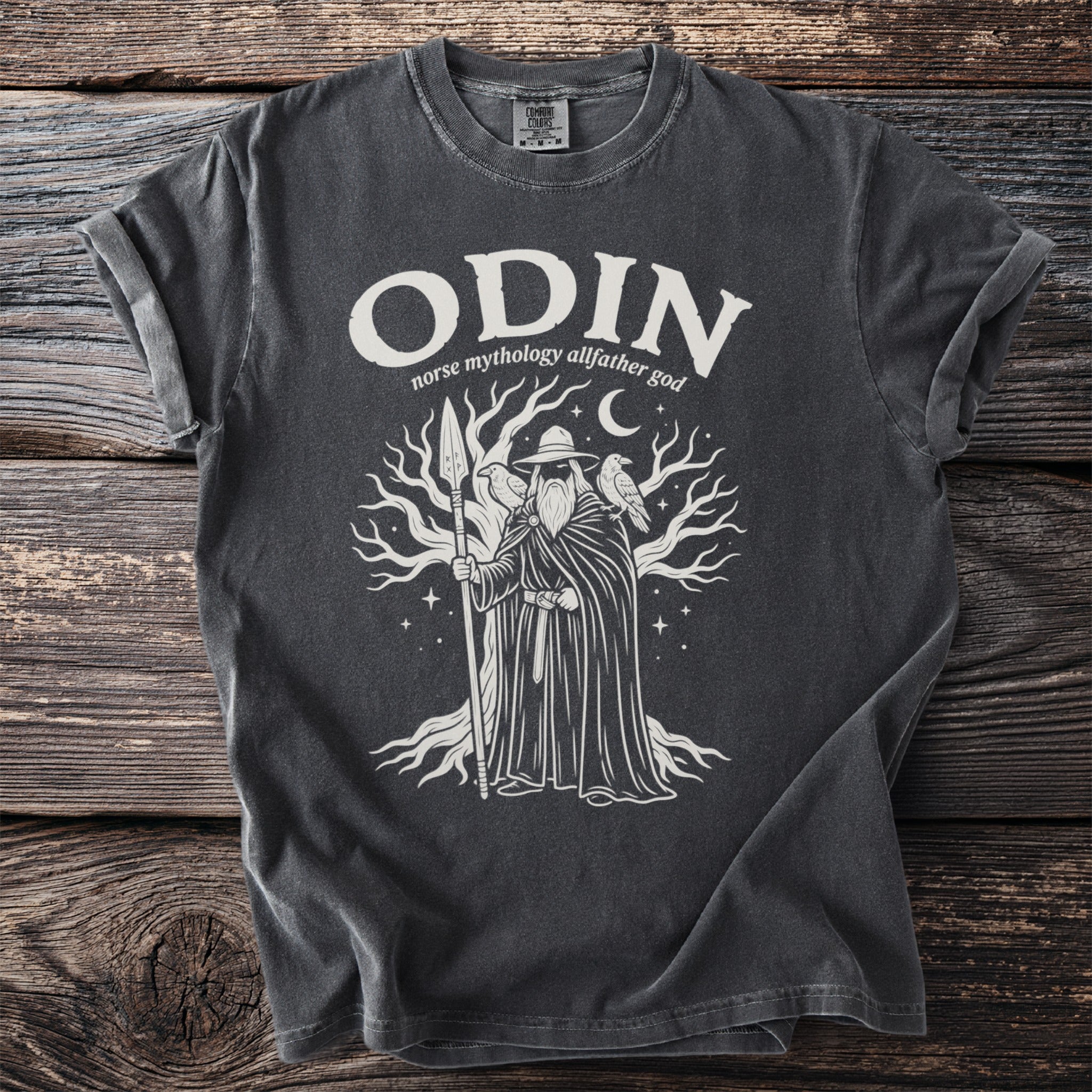 Odin Norse mythology allfather god illustration on charcoal grey t-shirt