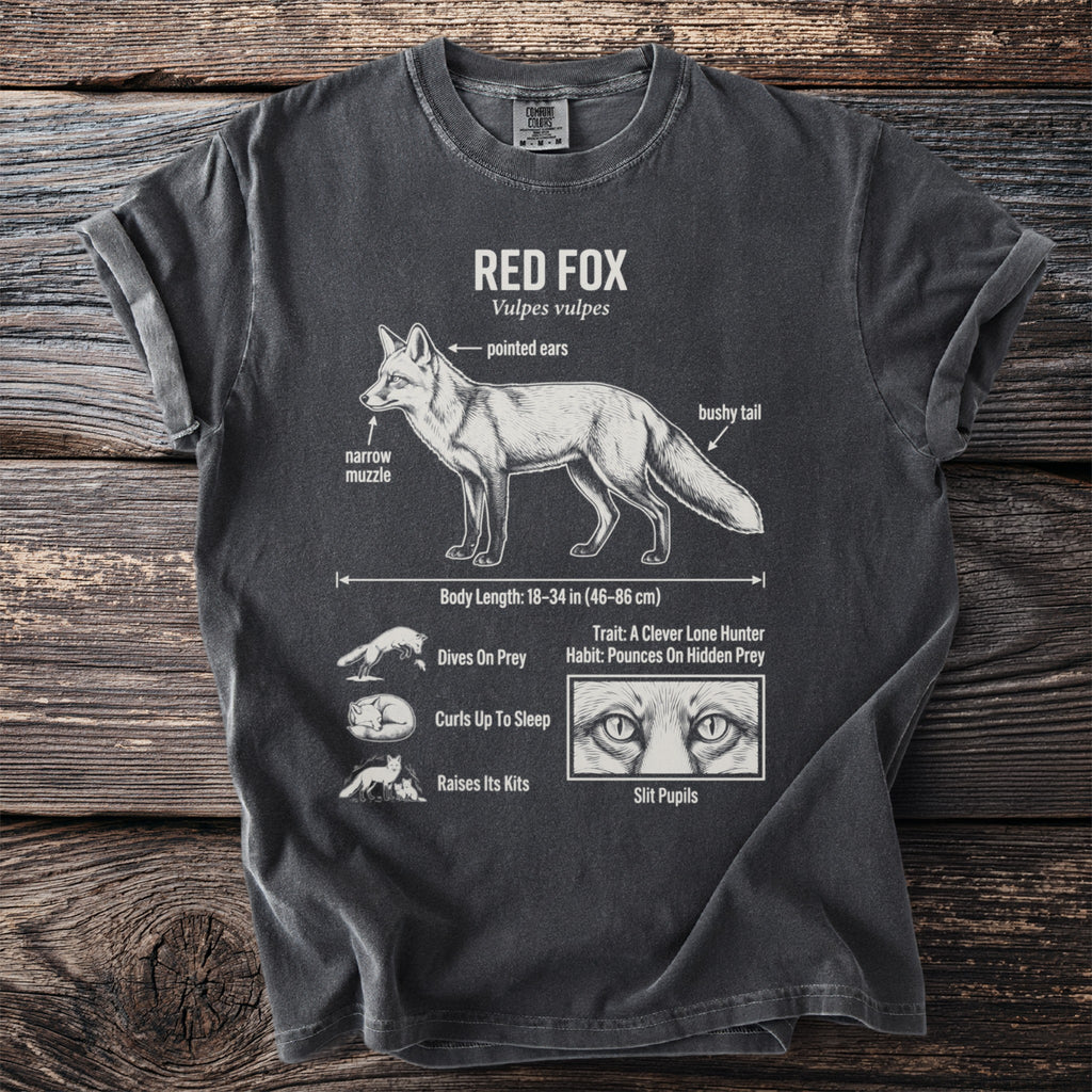 Dark grey t-shirt with a white illustration of a red fox with labeled anatomical features.