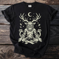 Black t-shirt with a pale yellow graphic of a seated figure with antlers and rams.