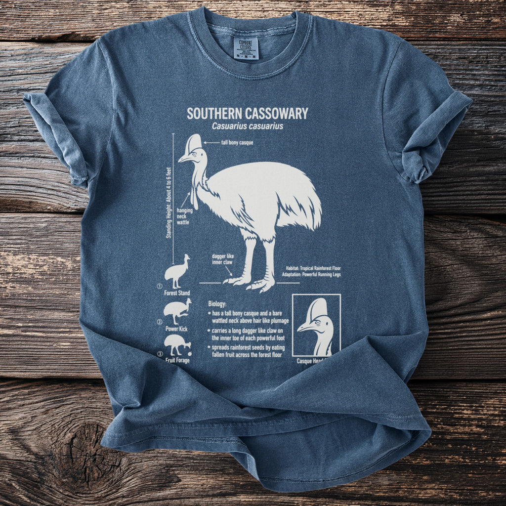 Blue t-shirt with Southern Cassowary illustration and biological facts.