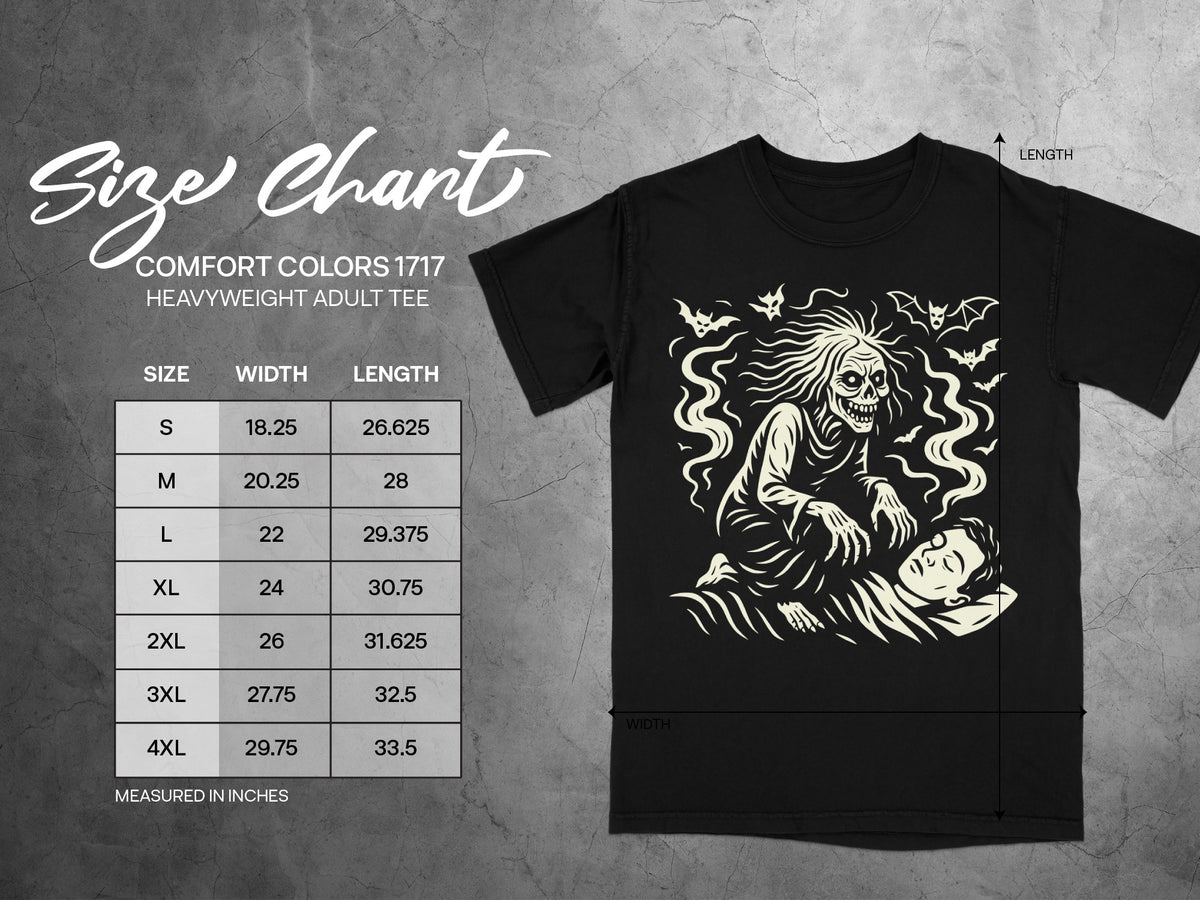 Comfort Colors 1717 heavyweight adult tee size chart with width and length measurements in inches.