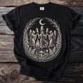 Black t-shirt with a circular graphic of cloaked figures dancing around a bonfire.