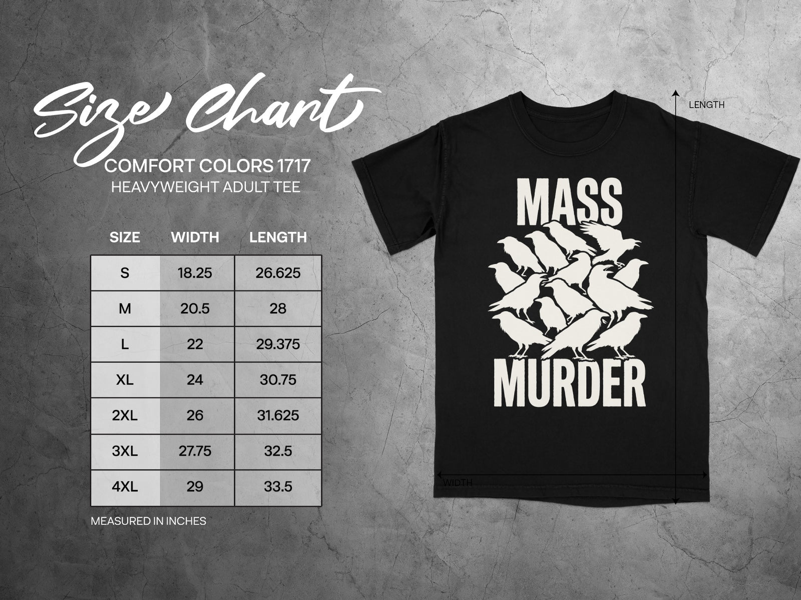 Comfort Colors 1717 adult tee size chart with width and length measurements in inches.