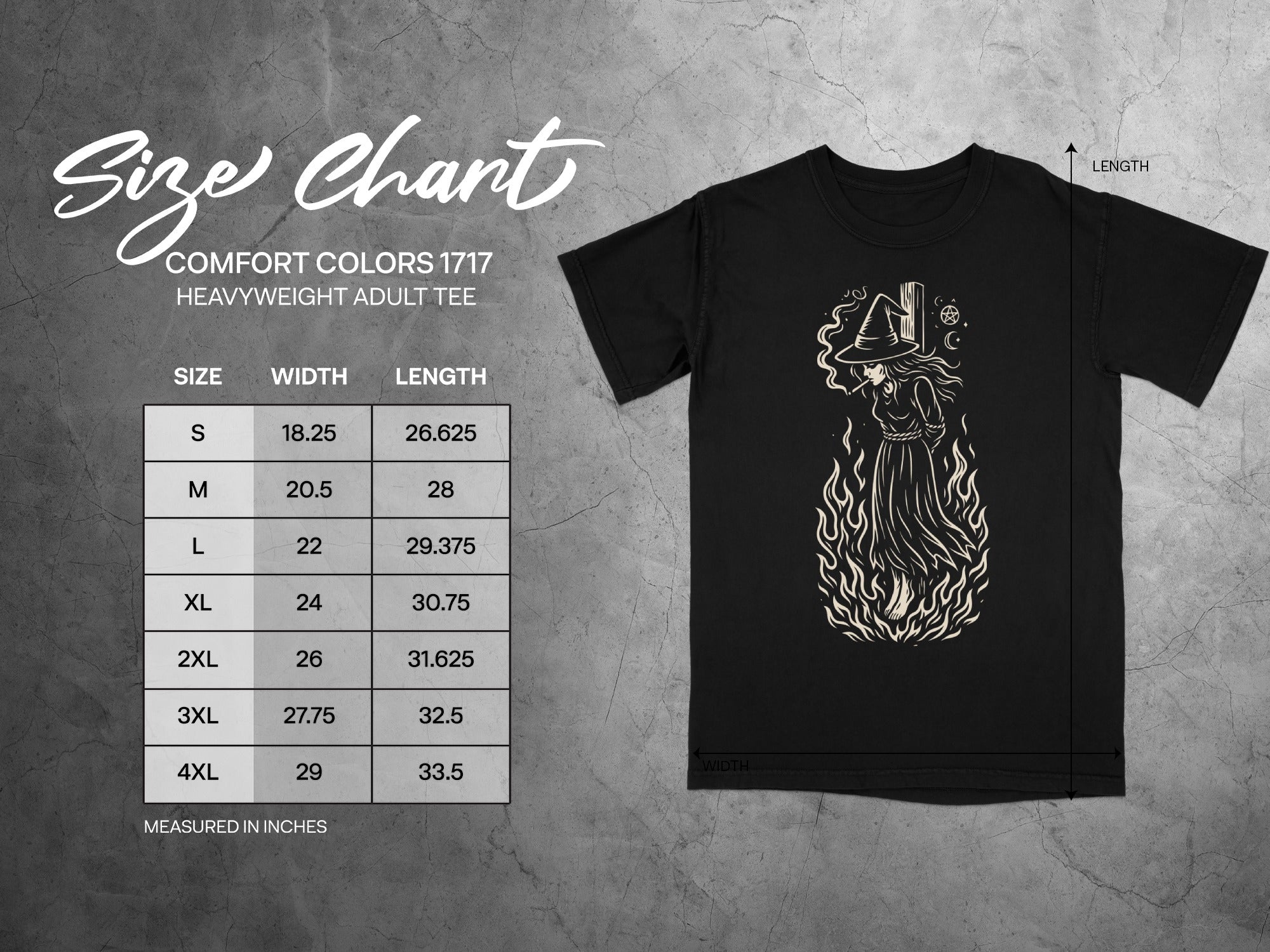Comfort Colors 1717 garment size chart in inches.