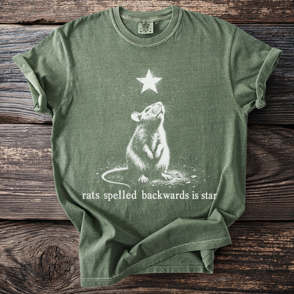 Green t-shirt with white graphic of a rat looking up at a star, text reads "rats spelled backwards is star".