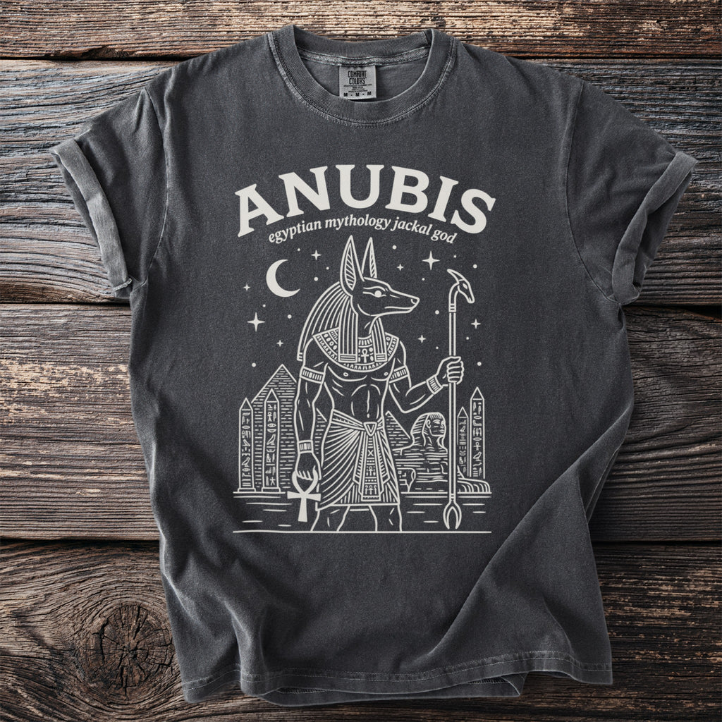 Anubis egyptian mythology jackal god design with pyramids and hieroglyphs.