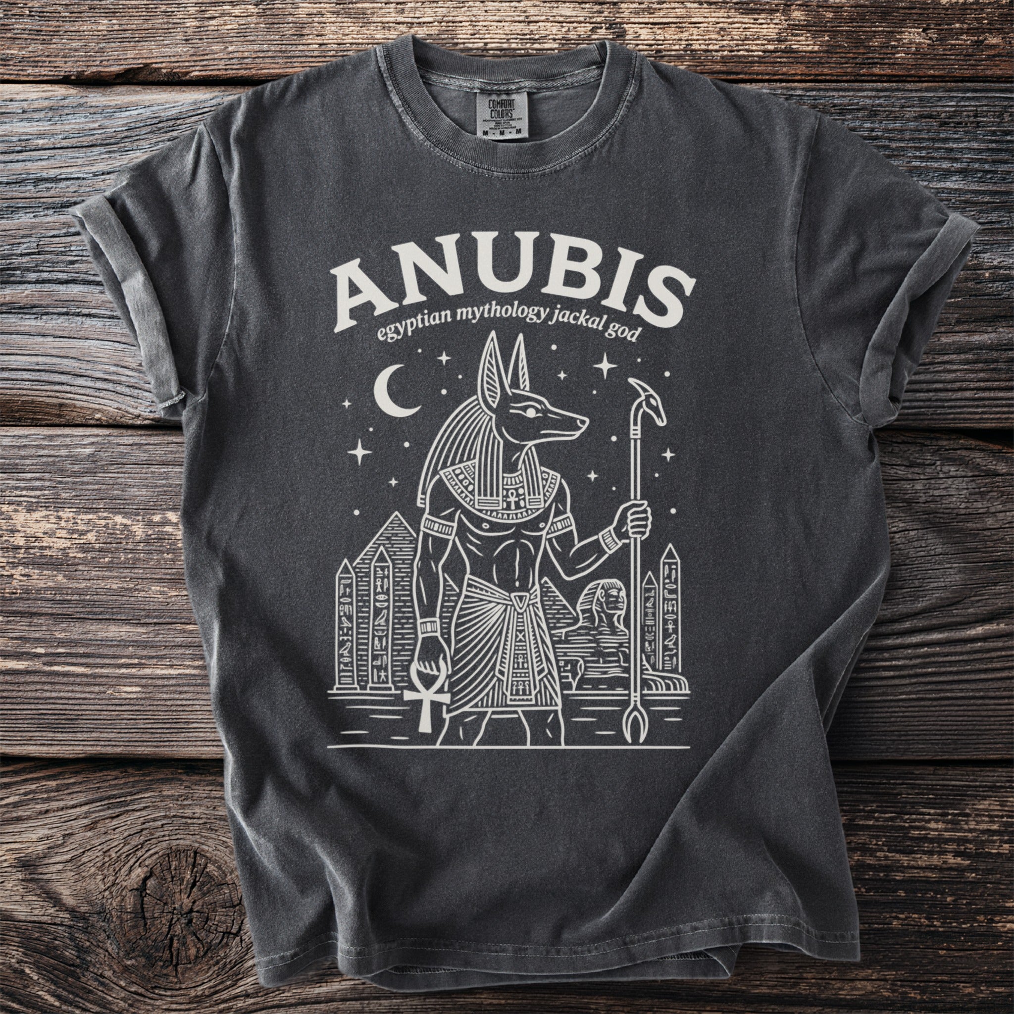Anubis egyptian mythology jackal god design with pyramids and hieroglyphs.