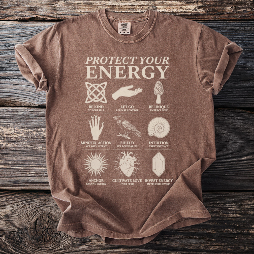 Brown t-shirt with "Protect Your Energy" and nine illustrated symbols with captions.