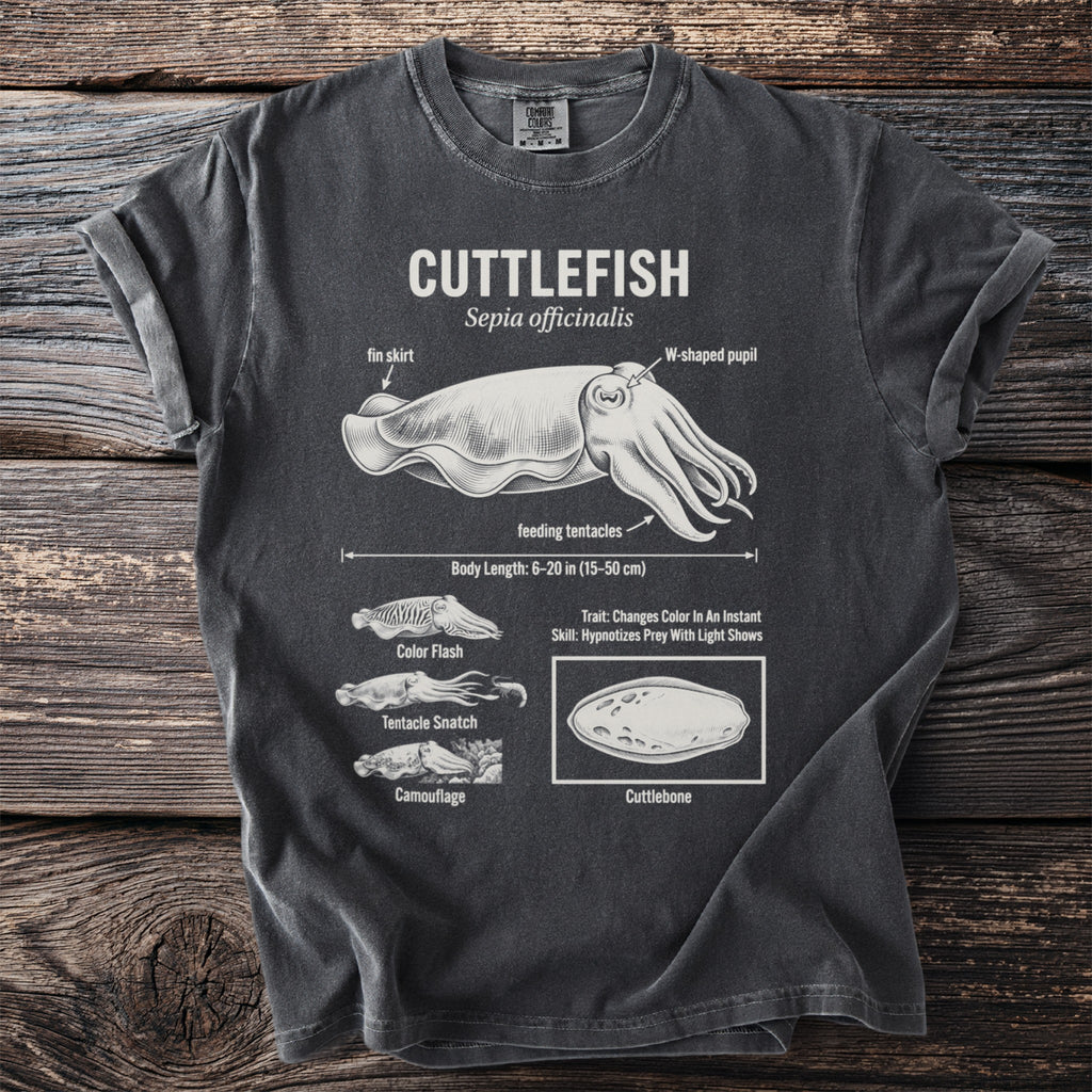 T-shirt with a diagram of a cuttlefish, detailing its anatomy and abilities.