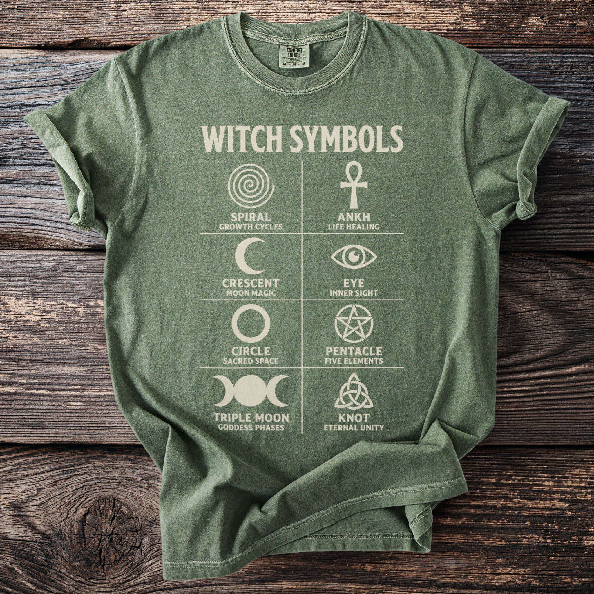 Green t-shirt with "WITCH SYMBOLS" and various symbology illustrations.