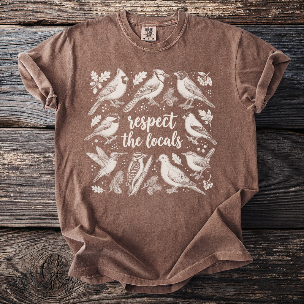 T-shirt with white line art of various birds and "respect the locals" text.