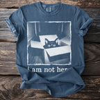 Blue t-shirt with graphic of a black cat in a box and text "i am not her".