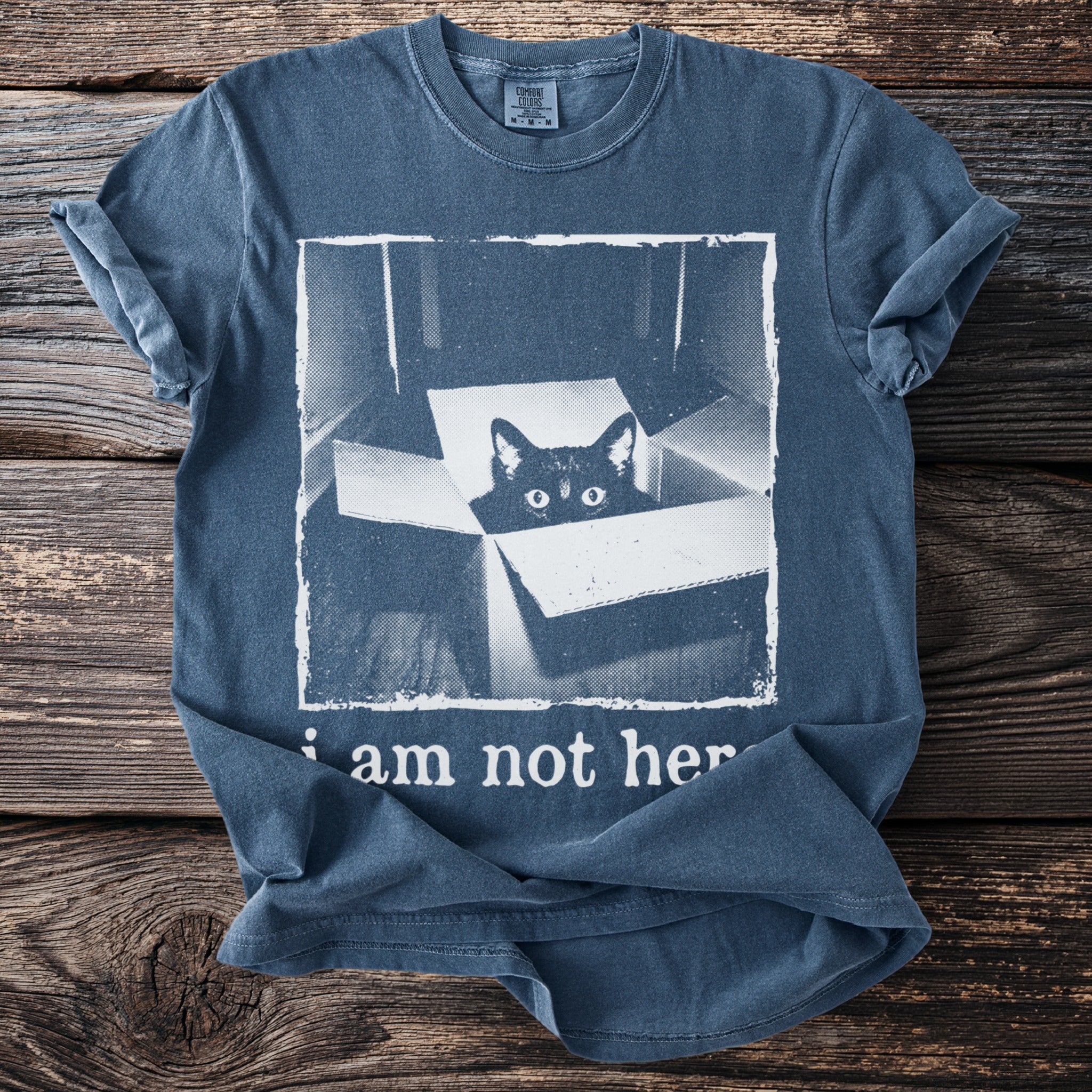Blue t-shirt with graphic of a black cat in a box and text "i am not her".