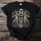 Black t-shirt with a detailed graphic of wolves, a fortress, an eagle, and trees.