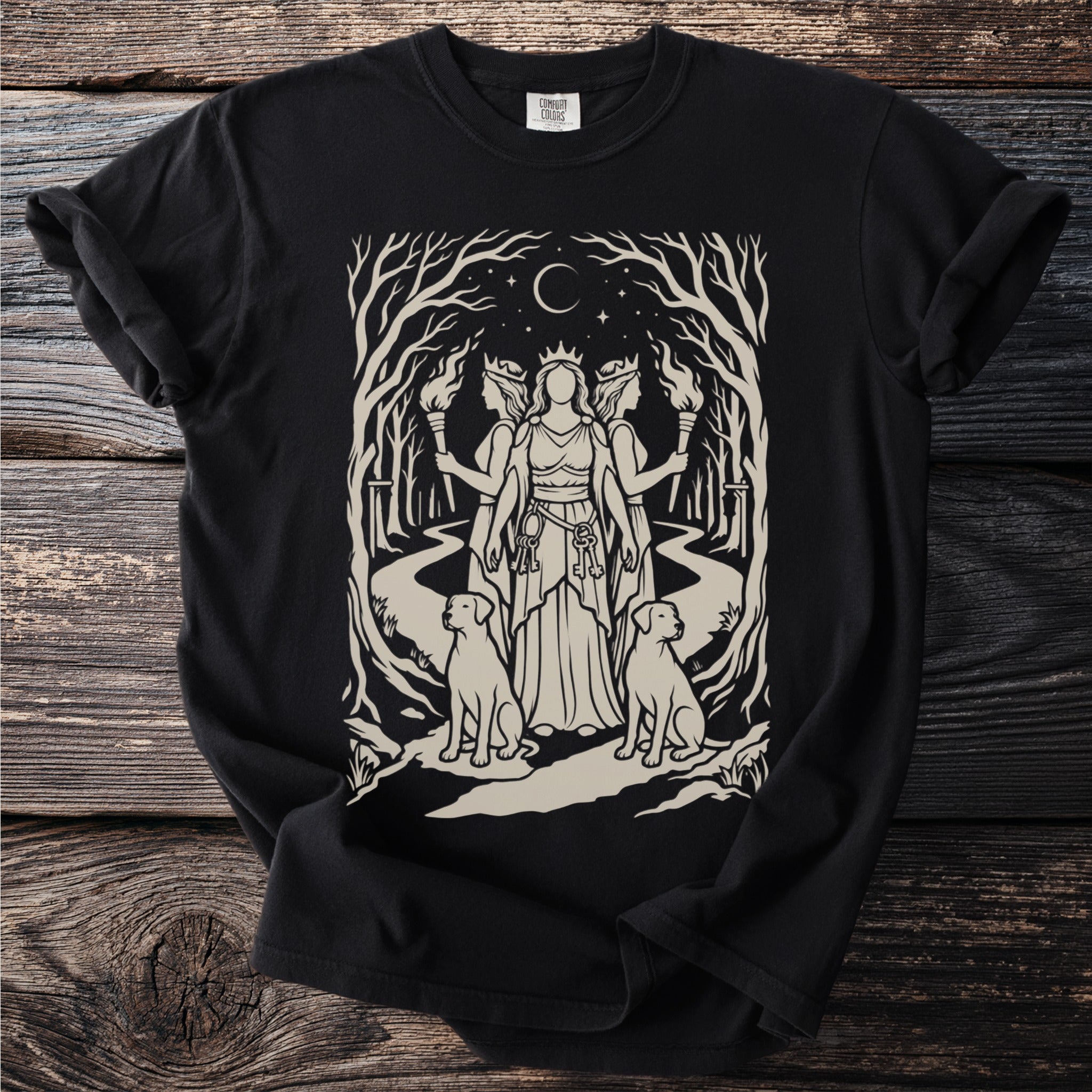 Black t-shirt with a graphic featuring a crowned triple goddess, keys, two dogs, and torches.