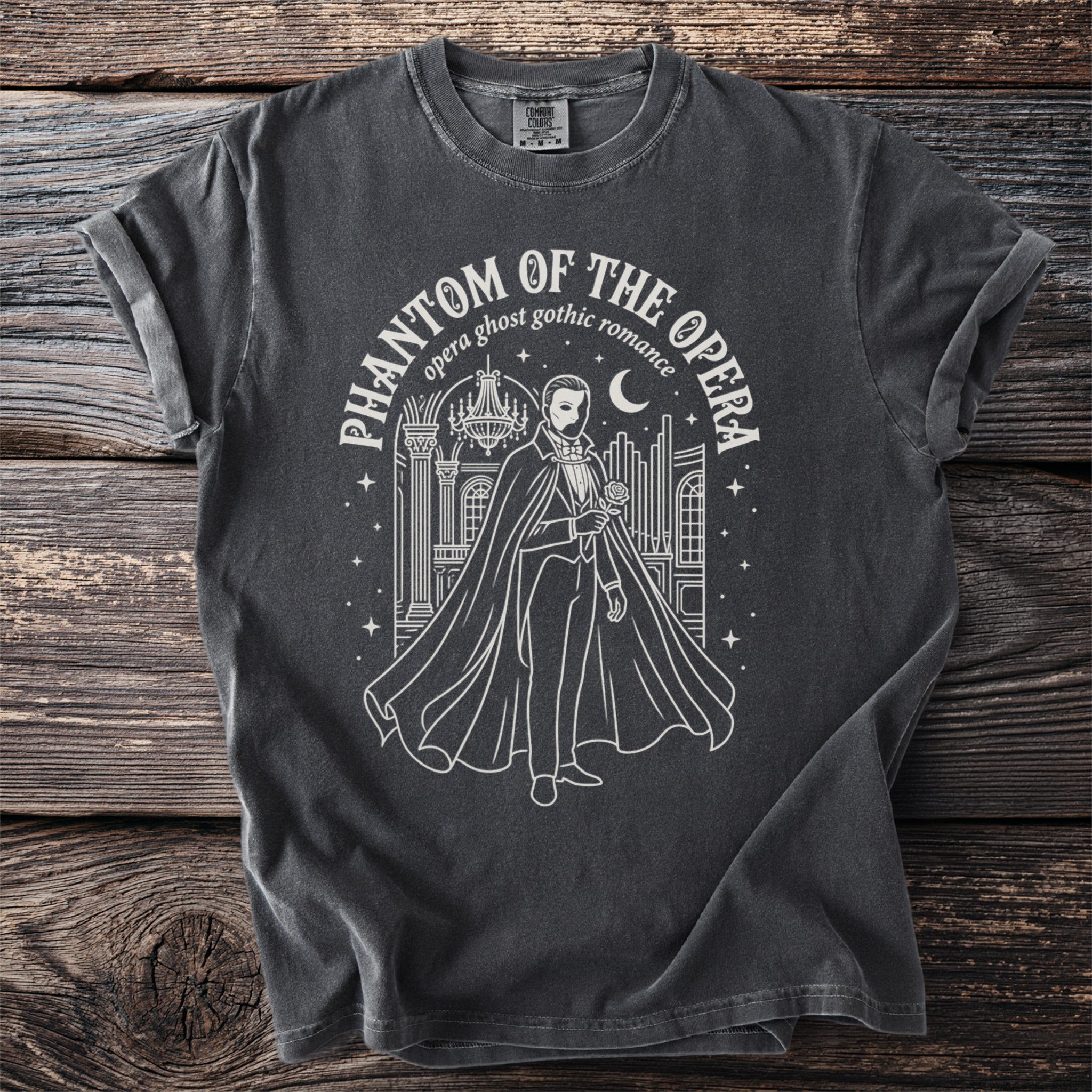 Phantom of the Opera shirt with opera ghost gothic romance graphic.