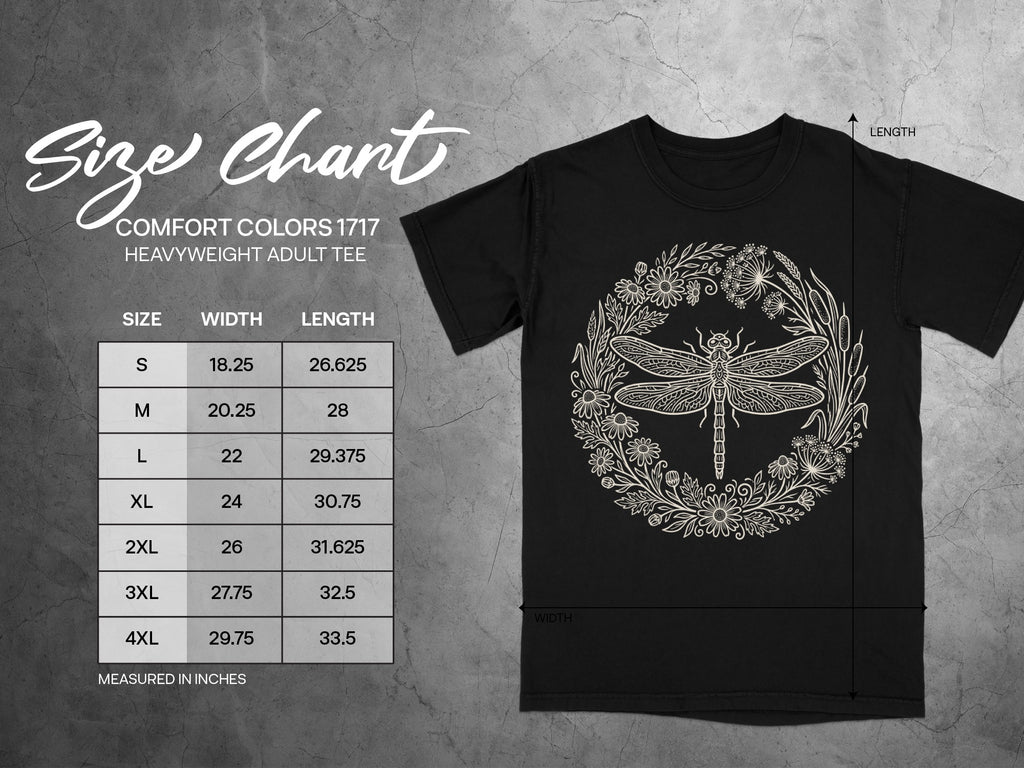 Comfort Colors 1717 heavyweight adult tee size chart with width and length in inches.