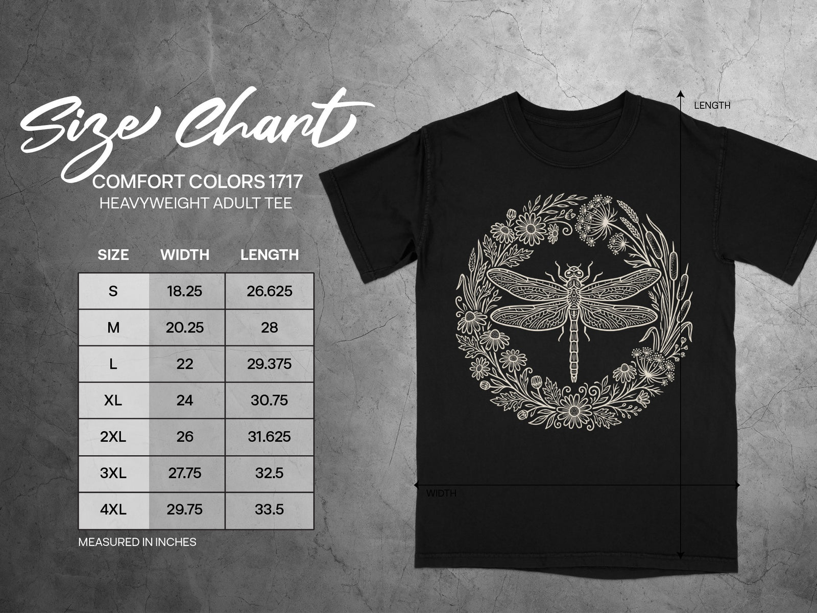 Comfort Colors 1717 heavyweight adult tee size chart with width and length in inches.