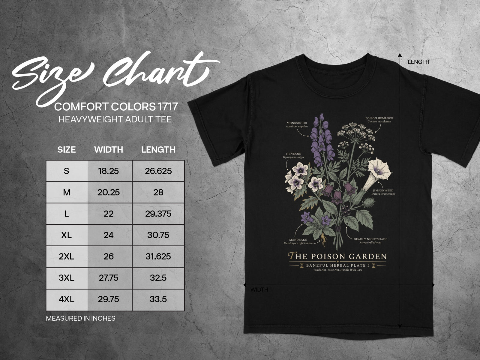 Comfort Colors 1717 size chart with poison garden illustration on black tee.
