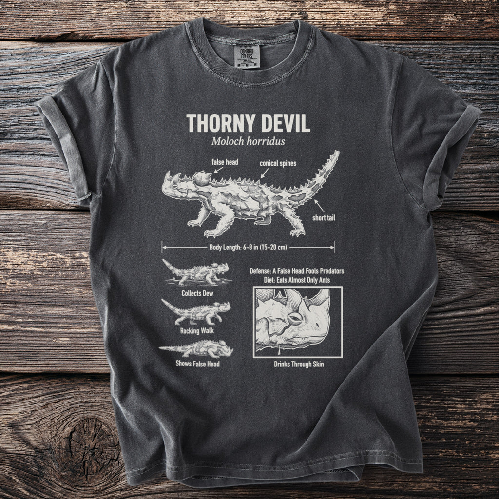 Thorny Devil t-shirt with scientific illustration and facts about Moloch horridus.